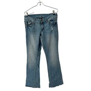 American‎ Eagle Jeans Womens 6 Long Artist Flare Low Rise Distressed Denim Blue